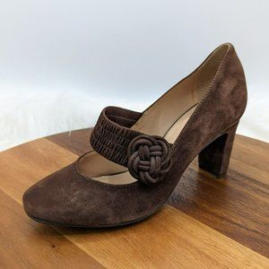 Nurture Madge Mary Jane Pumps 6.5 Brown Suede Leather Heeled Elastic Knot Strap